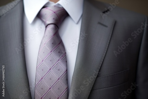 a detail of a tie knot against a light grey business suit