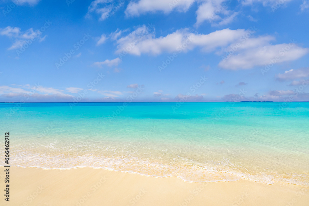 Sunshine beach landscape. Relax closeup sand sea waves cloudy sky horizon. Tranquil freedom Mediterranean tropical nature background. Peaceful colors seascape horizon. Summer travel closeup sunlight