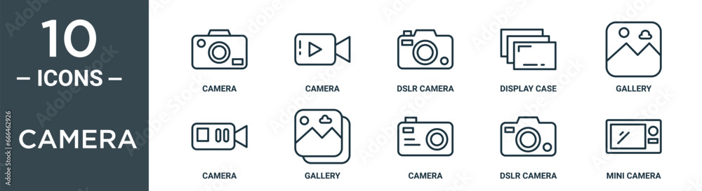 camera outline icon set includes thin line camera, camera, dslr display ...