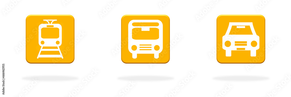 Zug, Bus oder Auto - Buttons mit Verkehrsmitteln Zug, Bus oder Auto - Buttons mit Verkehrsmitteln