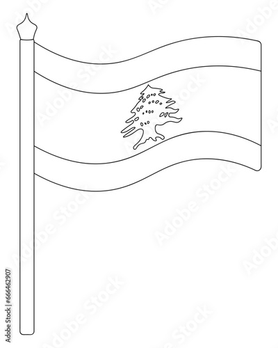 Flag of Lebanon. Sketch. Vector illustration. Coloring book for children. The fabric is decorated with Lebanese cedar. The national symbol of the state develops in the wind. 