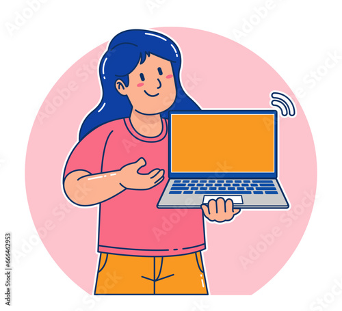 woman carrying a laptop and money