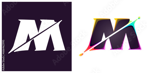 M letter logo letter with cyber distortion, color shift effect. Multicolor gradient type. Neon glitch illusion icon. Colorful font for futuristic tech heading, video game screen, vibrant gambling art.