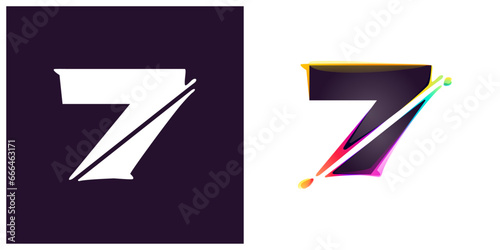 7 logo. Number seven with cyber distortion, color shift effect. Double exposure font. Neon glitch illusion icon. Colorful type for futuristic tech heading, music poster, vibrant sale banner.