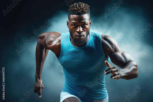 Sheer Determination: Athletic man in a starting sprinter's position, ready to race forward - AI Generated