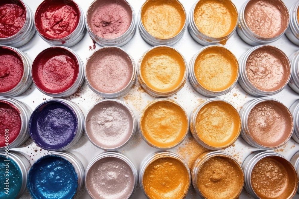 overhead shot of metallic paints arranged in a line overhead shot of metallic paints arranged in a line