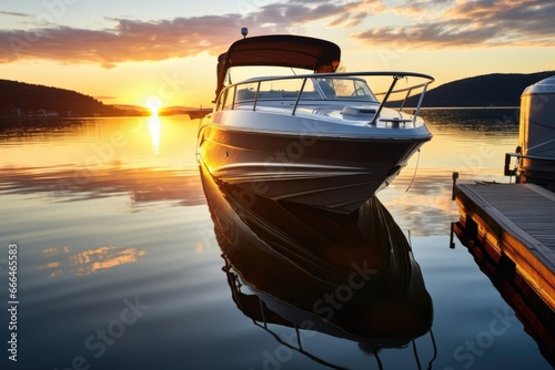 Fotografia motorboat docked during sunset with light reflection on water