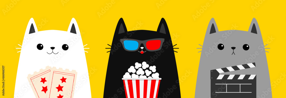 Black cat set holding popcorn, clapper board, tickets. Cinema theater. Kitten watching movie in 3D glasses. Cute cartoon kawaii funny character. Film show. Flat design. White background. - obrazy, fototapety, plakaty 