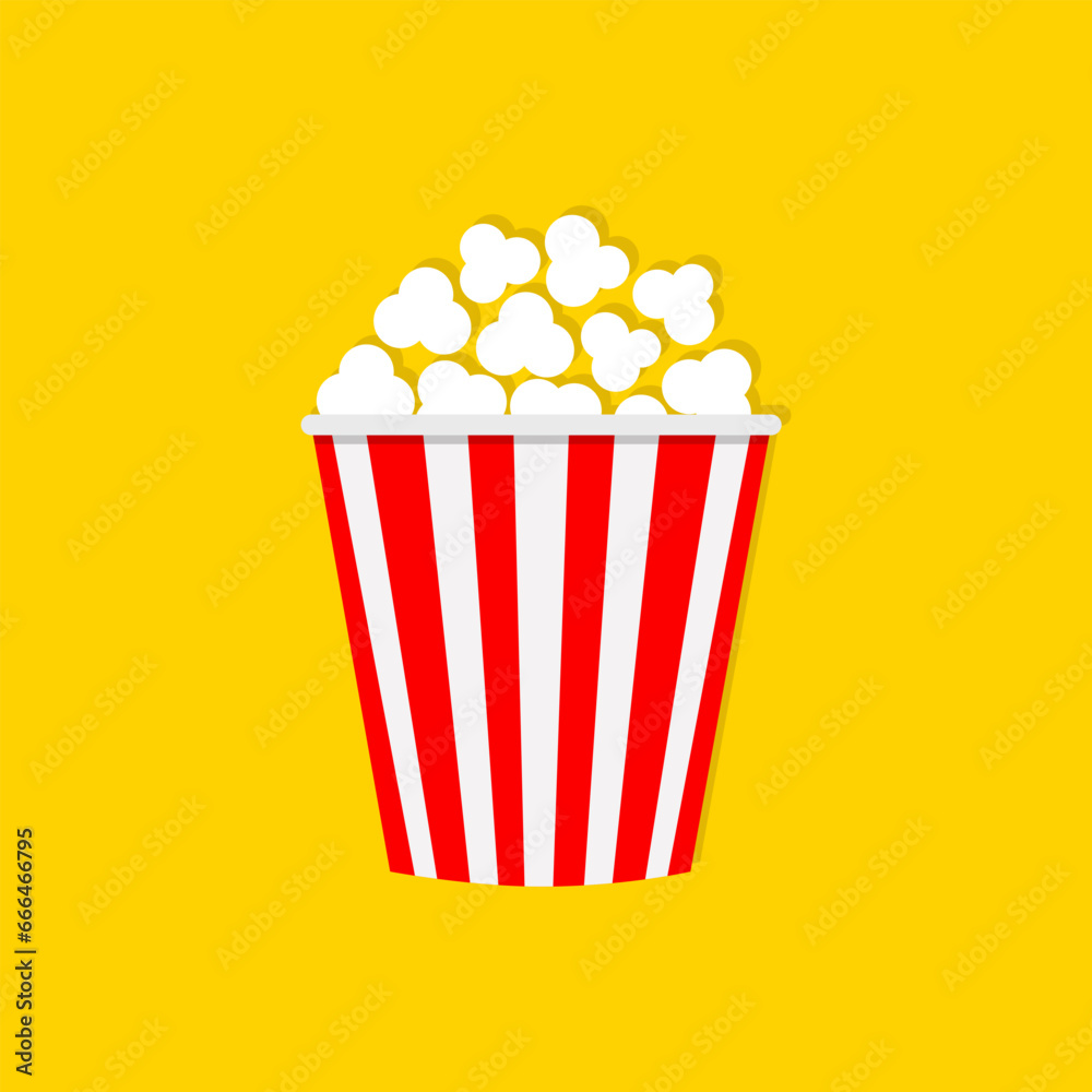 Popcorn icon. Red white red strip box. Cinema movie night. Pop corn food. Cute movie cinema banner decoration template. Flat design style. Isolated. Yellow background. Popcorn icon. Red white red strip box. Cinema movie night. Pop corn food. Cute movie cinema banner decoration template. Flat design style. Isolated. Yellow background.