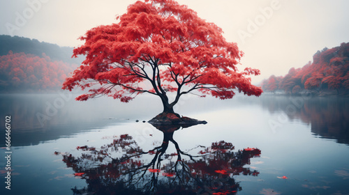 One tree with red leaves by a lake in autumn