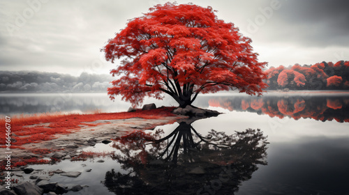 One tree with red leaves by a lake in autumn