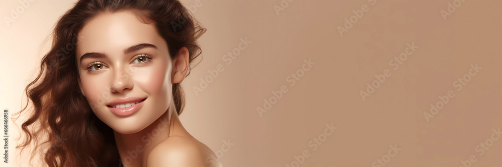 Fototapeta premium Close up beauty portrait of a beautiful woman on beige background. Natural Beauties with fresh and clean skin for glowing healthy skin care promotion, with copy space