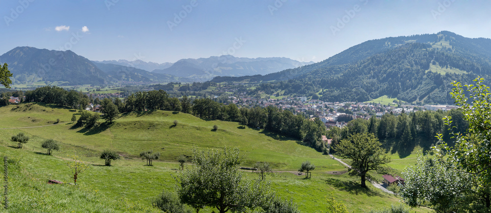 green slopes over  Iller river valley and Immenstadt village, Bavaria, Germany