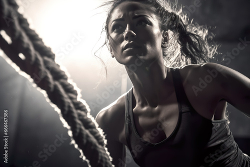 Woman exercising with rope in the gym motivational