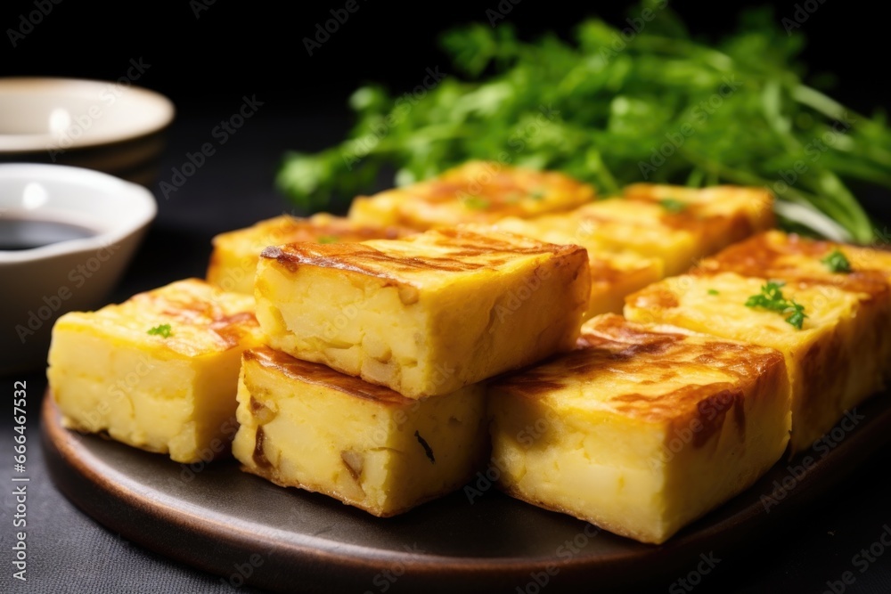 close-up of traditional spanish tortilla cut into squares close-up of traditional spanish tortilla cut into squares