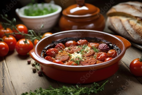 oven-baked chorizo served on rustic earthenware