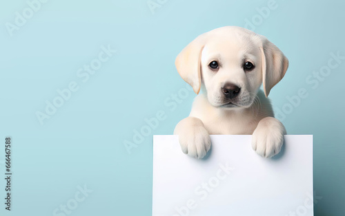 Baby labrador puppy with blank board on a pastel blue background. Copy space on the left for text, advertising, message, logo photo