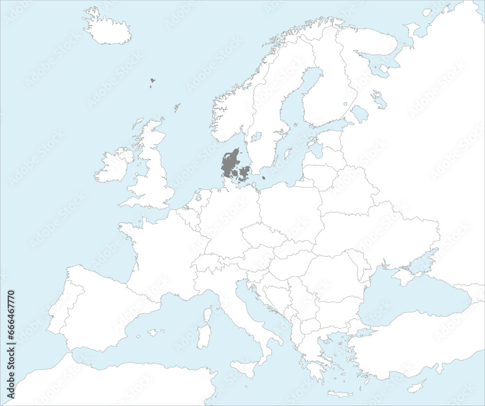 Gray CMYK national map of DENMARK inside detailed white blank political map of European continent on blue background using Mollweide projection