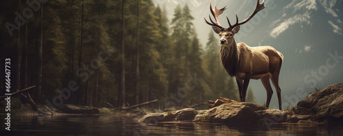 Majestic red deer in moutains. panorama photo. copy space for tex. © Michal