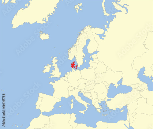 Red CMYK national map of DENMARK inside detailed beige blank political map of European continent on blue background using Mollweide projection