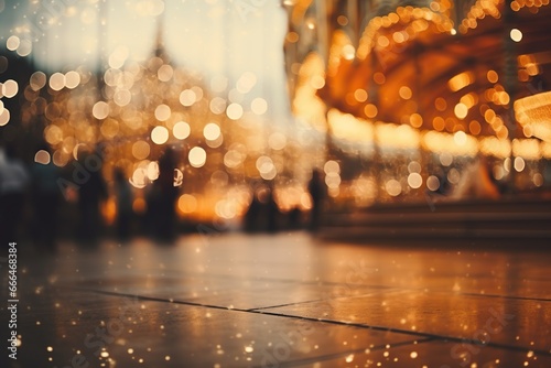 Fototapeta Naklejka Na Ścianę i Meble -  Evening amusement park, golden bokeh. Blurred amusement park background. Generated by artificial intelligence