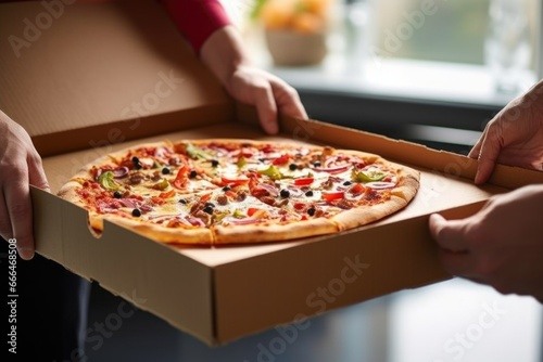 hand taking a pizza slice from a delivery box photo