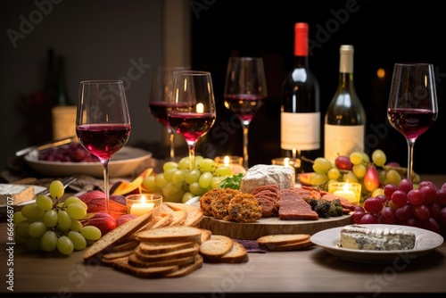 hanukkah table set with kosher food and wine photo