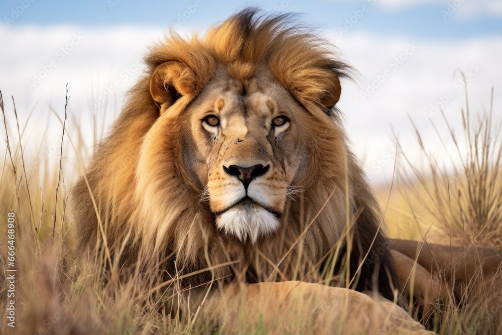 a majestic lion lying in a grassland