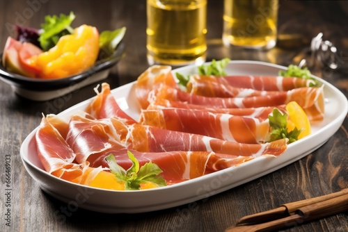 hand-held platter featuring prosciutto e melone appetizer