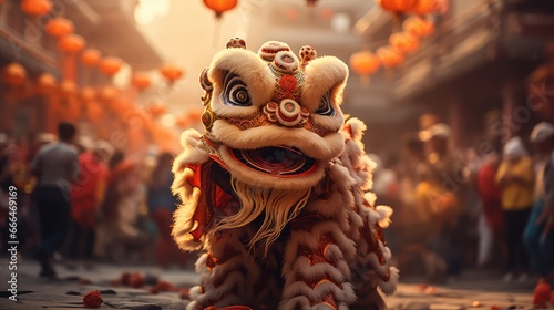 Lion dance street performance. Celebration of Chinese New Year Festival.