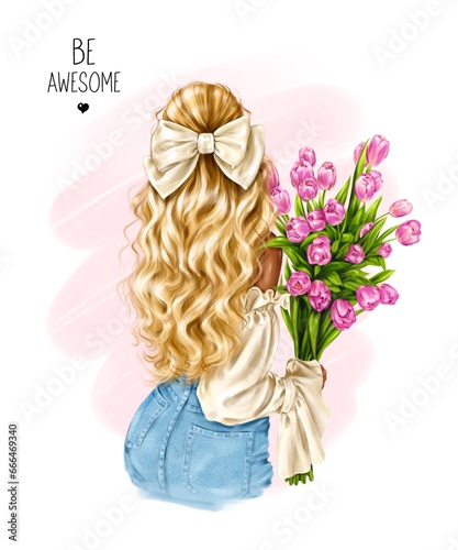 Blond hair girl holding flowers. Fashion woman with tulips. Fashion illustration 