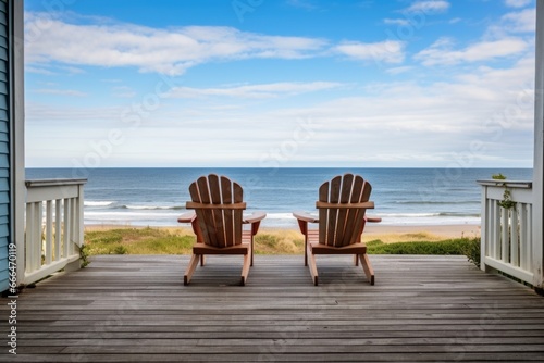 deck of a beach house with chairs looking out to the sea