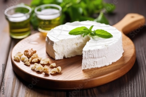 slicing goat cheese on a board