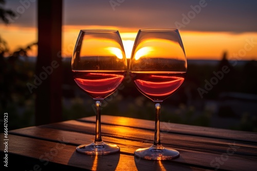 sunset glow reflecting off a wine-filled glasses
