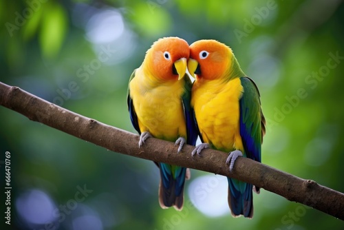 two lovebirds perched close together on a branch photo
