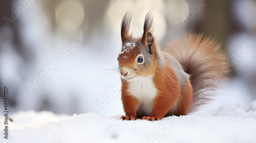 red squirrel sitting in the snow in winter © Flowal93