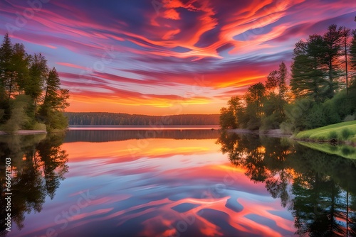 A vibrant sunset over a serene lake © Lucas