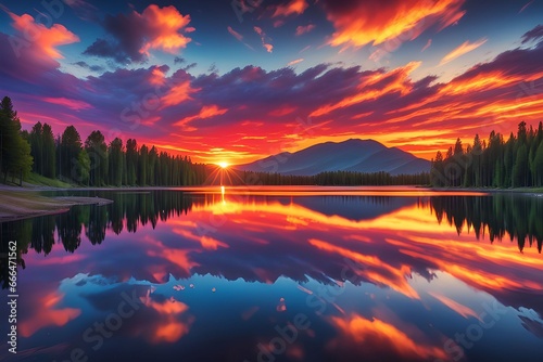 A vibrant sunset over a serene lake © Lucas