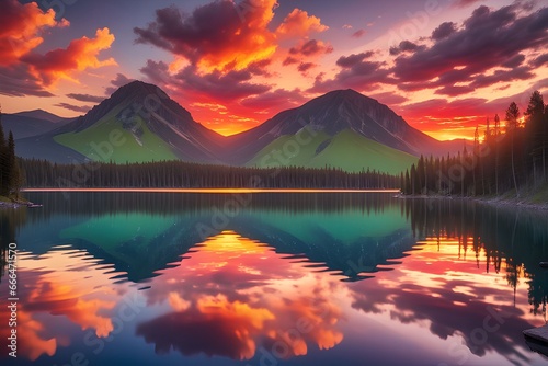A vibrant sunset over a serene lake