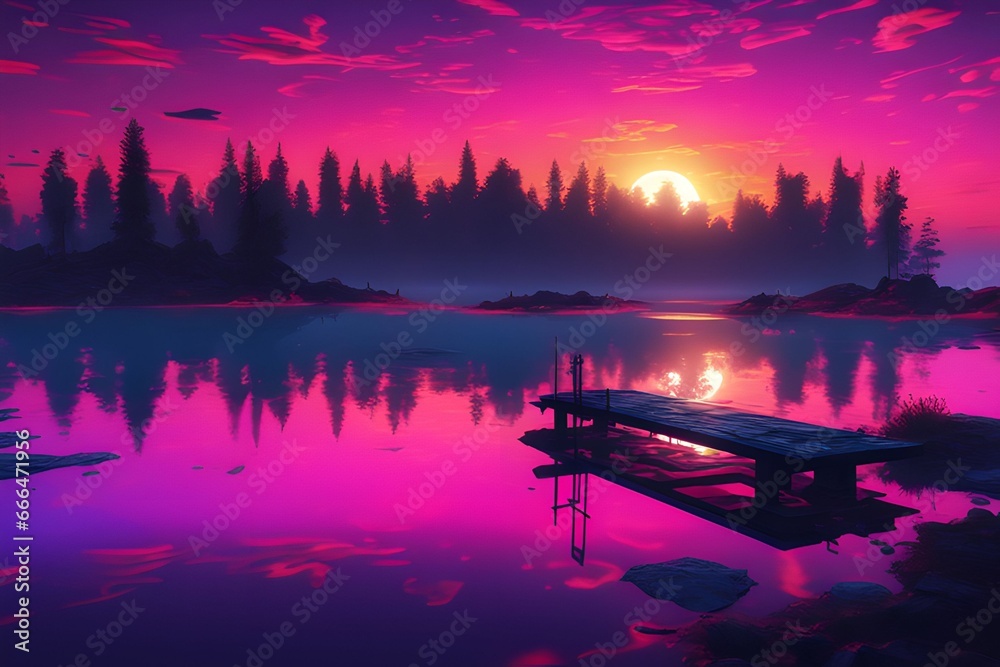 A vibrant sunset over a serene lake