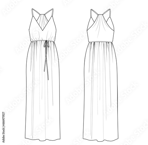 women spaghetti strap,tie waist, smocked maxi evening dress technical fashion vector,fashion flat,cad