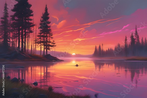 A vibrant sunset over a serene lake