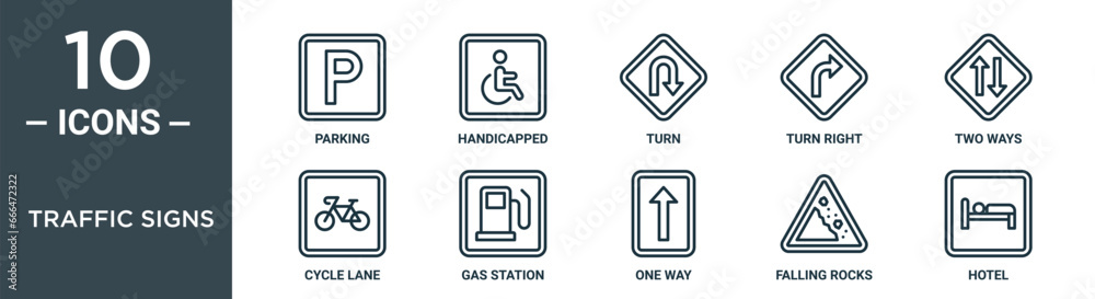 Vetor de traffic signs outline icon set includes thin line parking ...