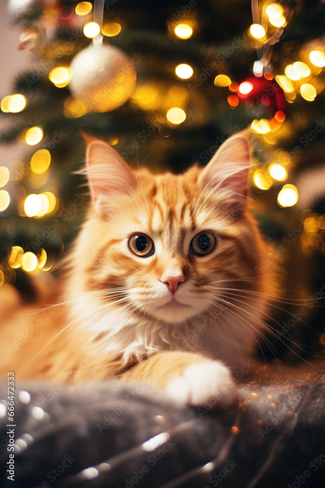 Cute cat on Christmas glittering lights background