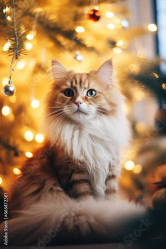 Cute cat and Christmas tree with glittering lights