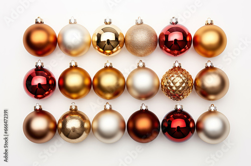Christmas baubles ornaments and decorations on white background. View from above