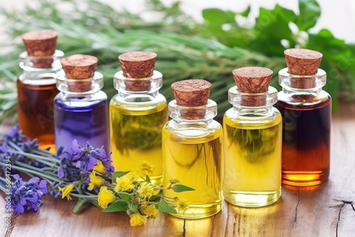 essential oils in small glass containers used for soap crafting