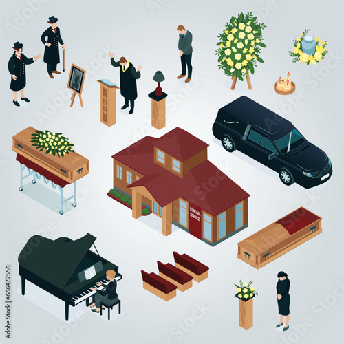isometric set with building hearse coffin guests various elements funeral service isolated 3d vector illustration photo