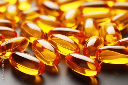 Fish oil capsules with omega 3 and vitamin D on wooden table. Health Care. Healthy food concept. Omega 3. Isolated on a background with a copy space.