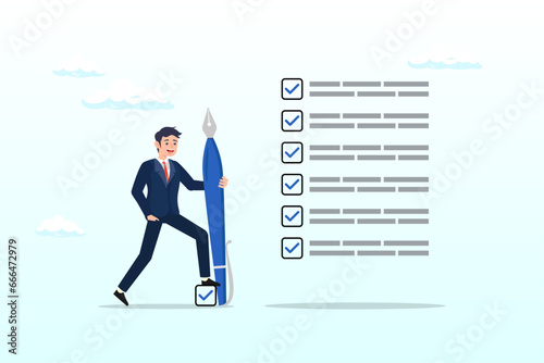 Businessman expert holding pen tick all completed task checkbox, getting things done, completed tasks or business accomplishment, finished checklist, achievement or project progression (Vector) © Art of Ngu